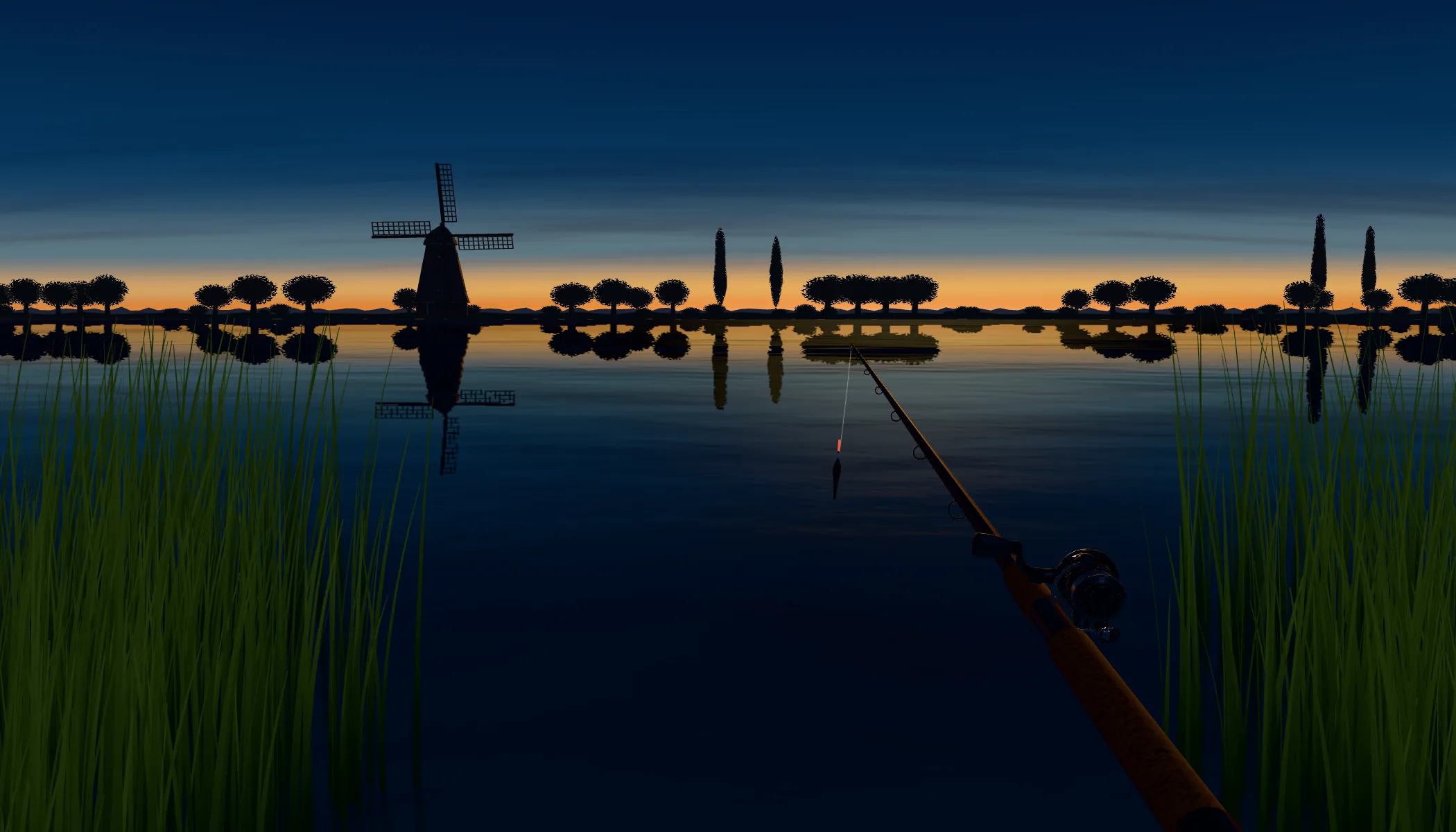 First-person view from a reedy bank in the Dutch polder at dusk: a windmill and pollard willows mirrored in still water, the float hanging from the rod tip, ready to cast.